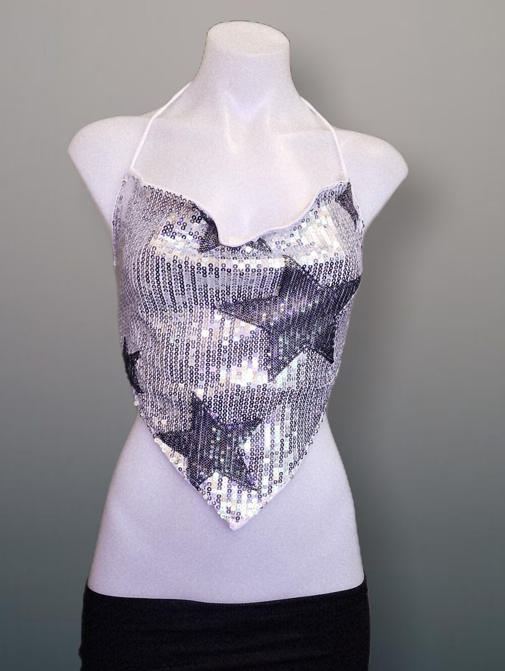 Y2K Sequin Halter Top Bandana Cowl Neck Star Festival Rave Crop Cami S NWOT Y2K